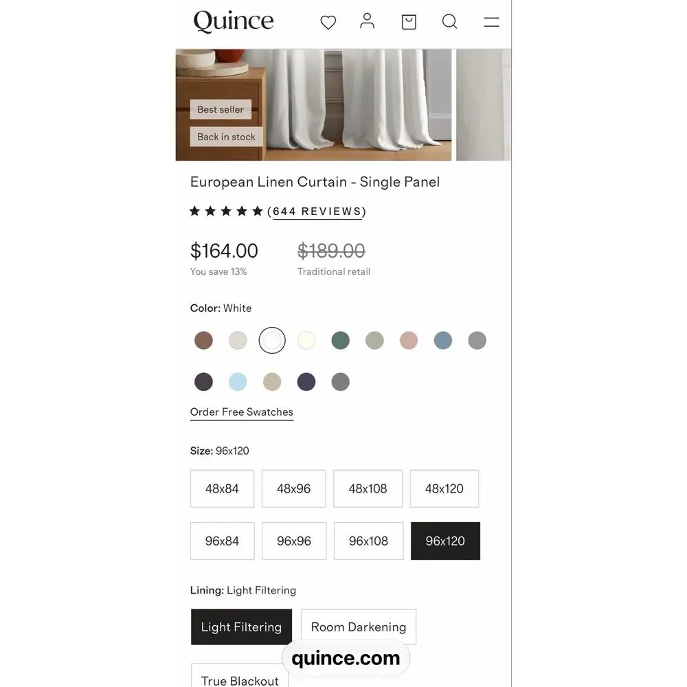 Quince European Linen Curtain  White Single Panel 96 X 120 in NWT